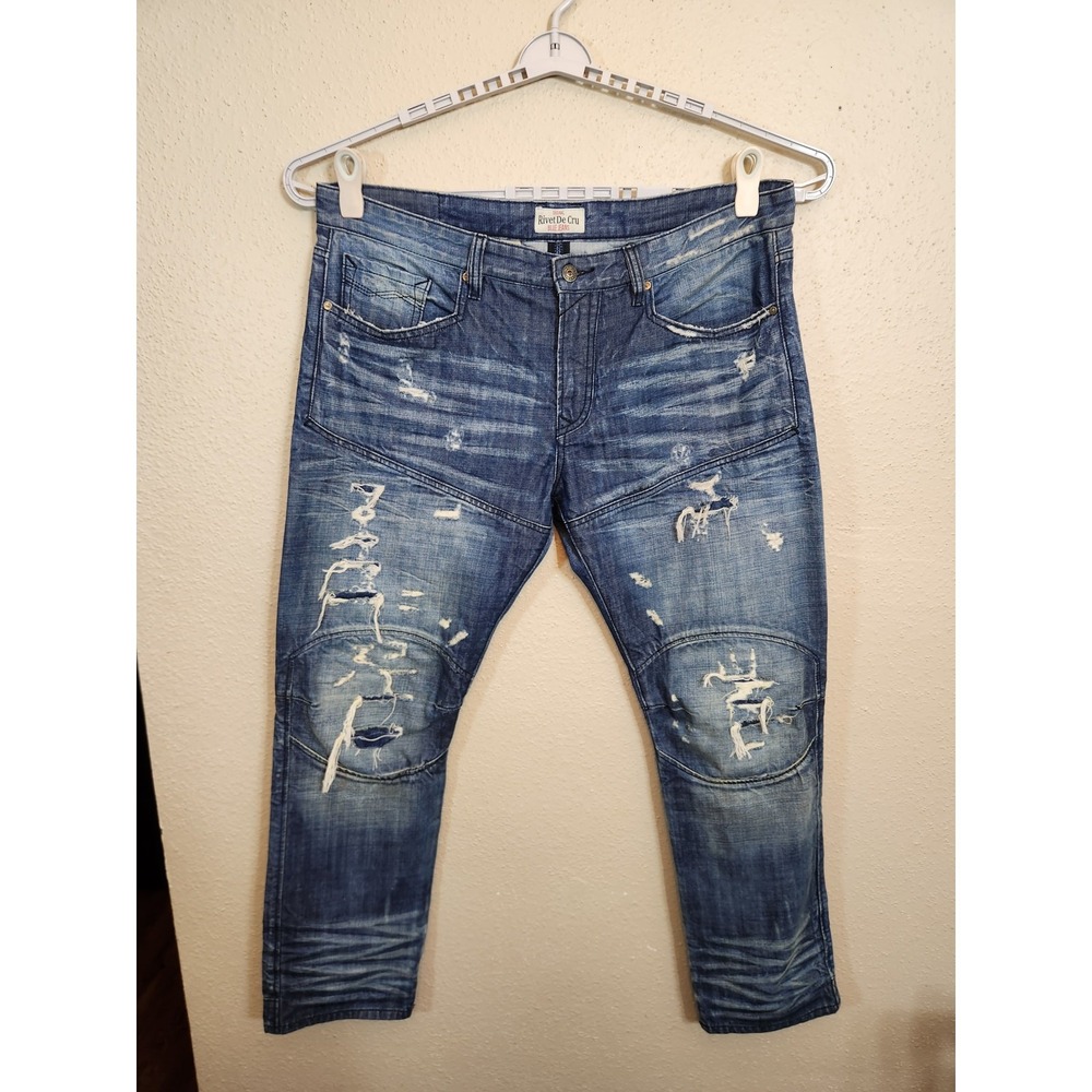 Rivet De Cru Mens 40x32 Blue Moto Biker Fit‎ Tapered Distressed Jeans
